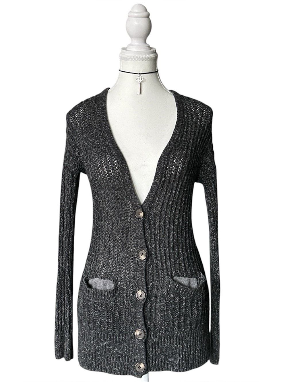 Y2K Grunge “American Eagle” Basic Dark Gray Knit Button-up Cardigan